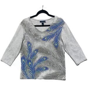 Karen Scott Pullover Top Women's XL Peacock Feathers Print Crew Neck Gray & Blue